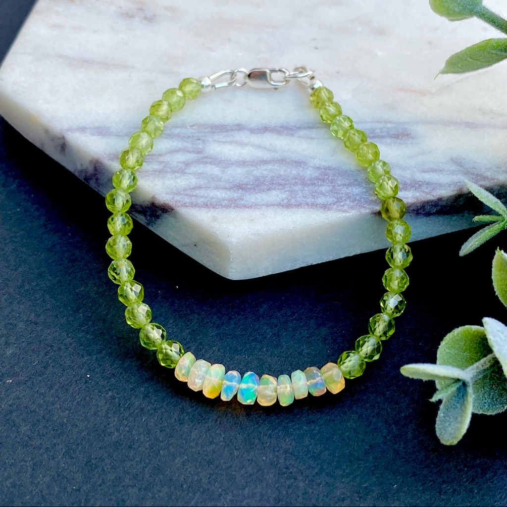 Opal Peridot Bracelet Green Gemstone Beaded Stacking Sterling Silver Jewelry 65$